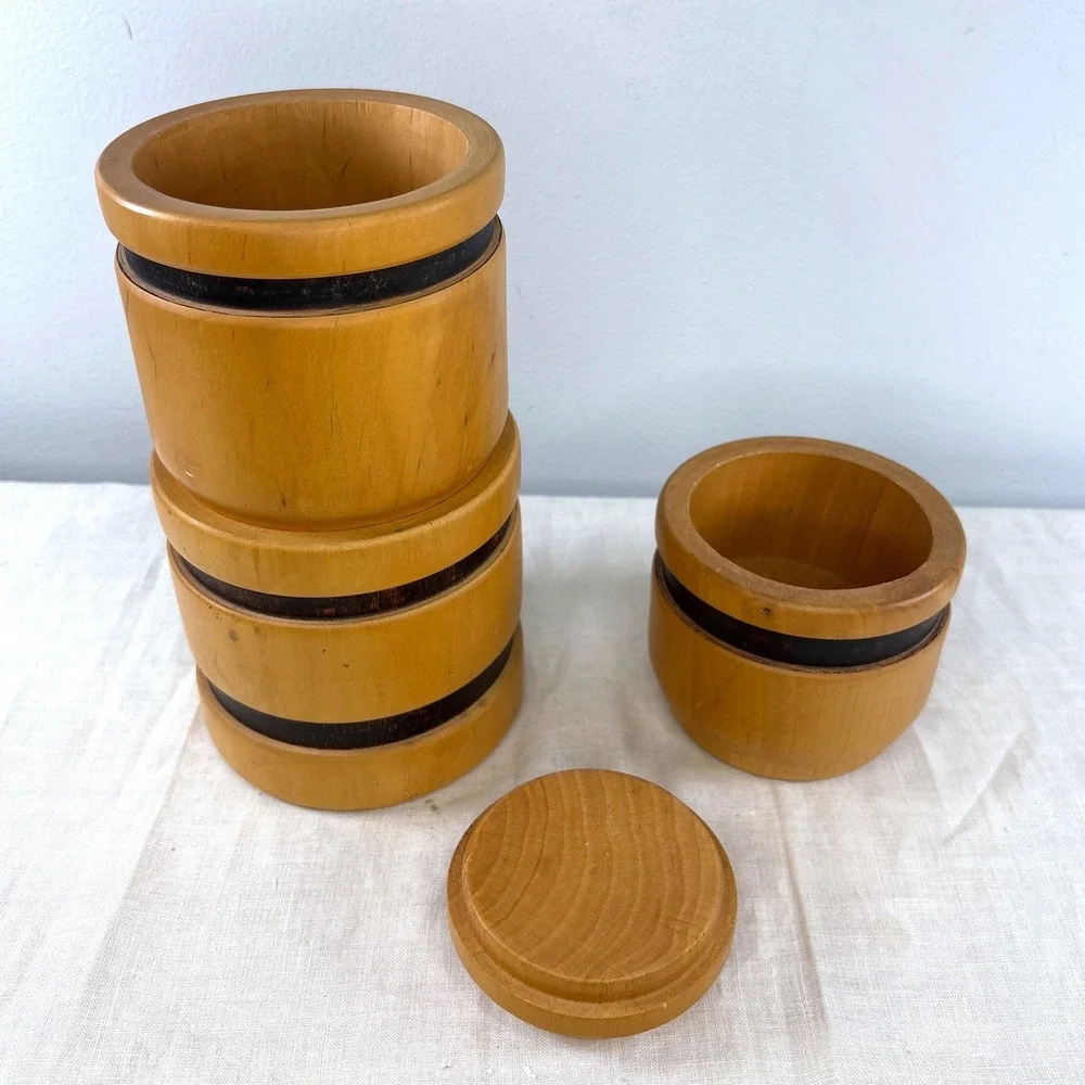 Vintage Sarreid Ltd Spain Hand Turned Wood Stacking Canister Set 3 Nesting Jars